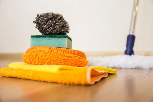 Cleaning cloths, mop and scourers.